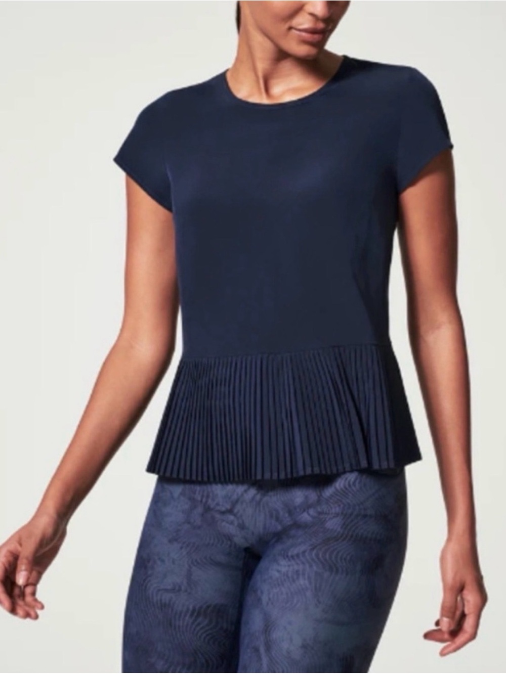 Spanx Timeless Navy Pleated Hem Short Sleeve Activewear Top -Size Medium